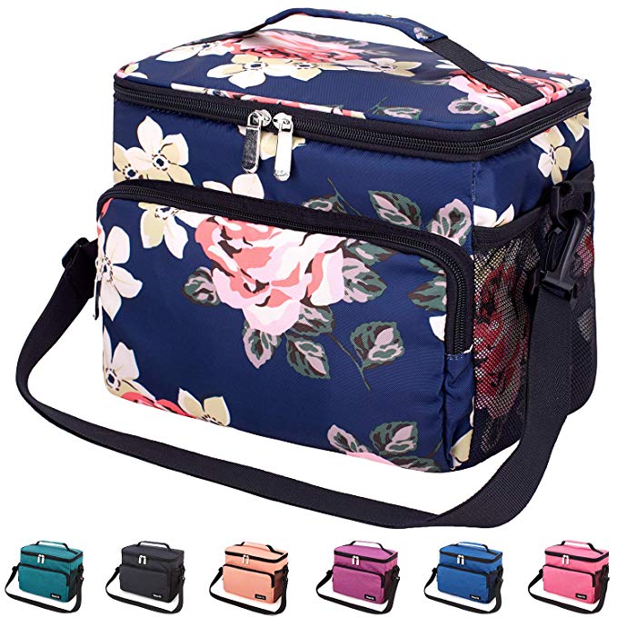 Leakproof Reusable Insulated Cooler Lunch Bag - Office Work School Picnic Hiking Beach Lunch Box Organizer with Adjustable Shoulder Strap for Women,Men and Kids-Blue Peony