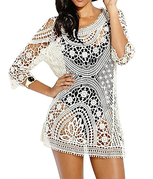 Bestyou Women's Floral Lace Crochet Cover up Tunic Tops Shirts Free Size