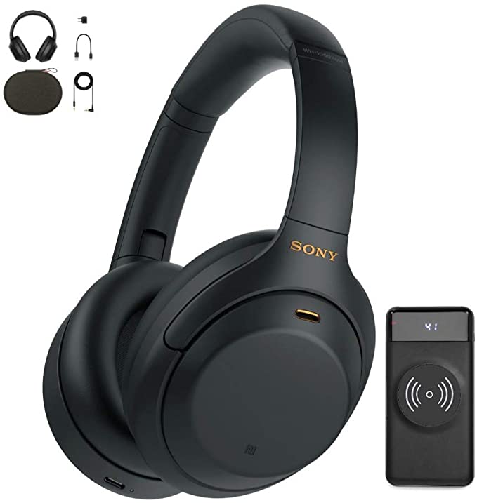 Sony WH-1000XM4 Wireless Noise Canceling Over-Ear Headphones (Black) with Focus 10,000mAh Ultra-Portable LED Display Wireless Quick Charge Battery Bank Bundle (2 Items)