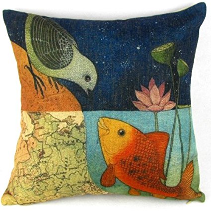Pillow Cases Standard Size, CaseShell® Bird and Fish in the Two World Forever Cotton Linen Square Throw Pillow Case Decorative Cushion Cover Pillowcase for Sofa 18x18 Inch
