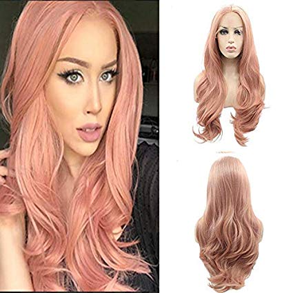 Lucyhairwig Lace Front Wigs Rose Gold Synthetic Lace Front Wig Long Wavy Natural Hairline Heat Resistant Fiber Hair Natural Looking Peach Pink Glueless Lace Wigs For Women.