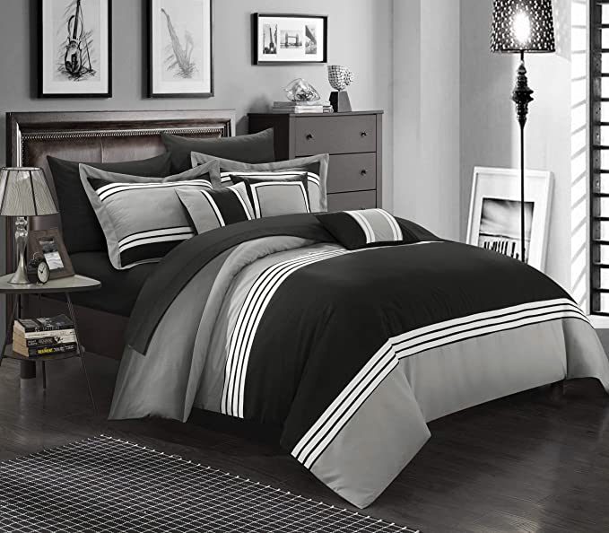 Chic Home 10 Piece Falcon Bed in a Bag Comforter Set, Queen, Black