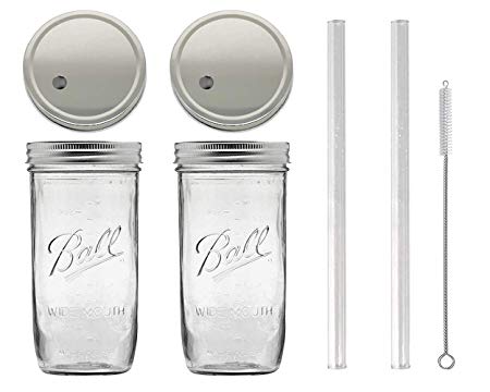 (2) 24 oz Wide Mouth Glass Mason Drinking Jars with 2 Silver Lids, 2 Glass Straws (10"x 9.5mm) and 1 Straw Cleaner