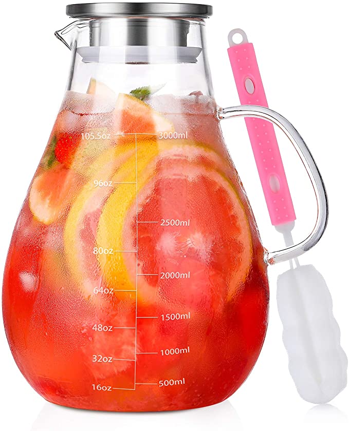 Glass Pitcher, 105oz Glass Pitcher with Lid and Precise Scale Line, BEYONDA 18/8 Stainless Steel Iced Tea Pitcher, Easy Clean Heat Resistant Borosilicate Glass Jug for Juice, Milk, Cold&Hot Beverages