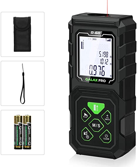 Laser Measure, GALAX PRO Laser Distance Meter 196ft/60m Digital Tape Measurement Tool Measuring Device with Large Backlit Display and 2Pcs Batteries