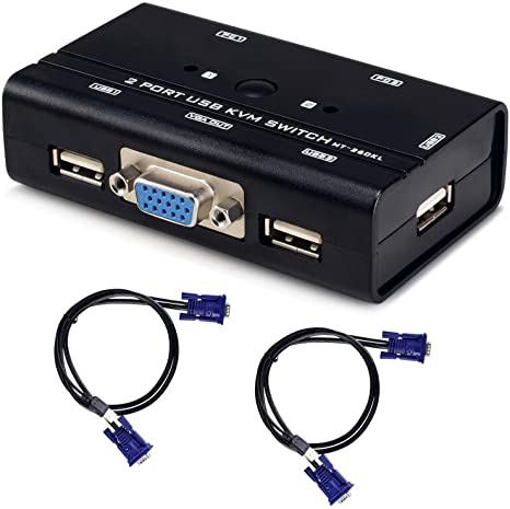 USB VGA KVM Switch with 2 Cables, 2 Ports Selector Switcher for 2PC Sharing One Video Monitor and 3 USB Devices, Keyboard, Mouse, Scanner, Printer