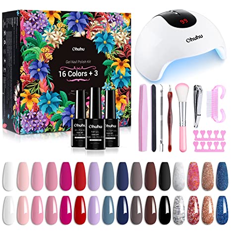 Gel Nail Polish Kit with 36W UV LED Lamp, Ohuhu 16 Colors Nail Gel Polish Set with Glossy and Matte Top Coat Soak Off Tools Set for Girls Mother Women Nail Art Decorations Christmas Gift - Multicolors