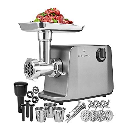 ChefWave Electric Meat Grinder - FDA Approved - Stainless Steel Heavy Duty 1800W Max 3-Speed - 4 Grinding Plates, 3 Cutting Blades, Vegetable Slicer, Tomato Juicer, Sausage Stuffer Tubes, Kibbeh Kit