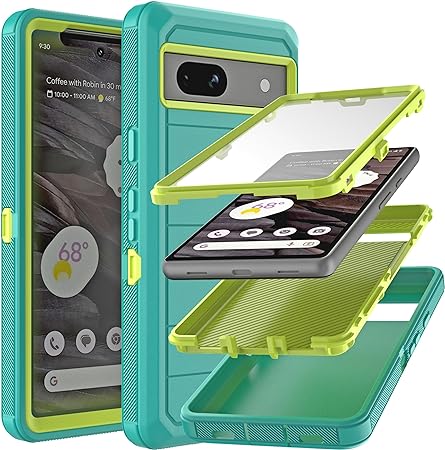 YmhxcY for Google Pixel 7A Case with Built in Screen Protector/Drop Proof 3-Layer Durable Cover/Shockproof Armor Drop Protection Solid Rubber Case for Google Pixel 7A 6.1"-Light green/Yellow