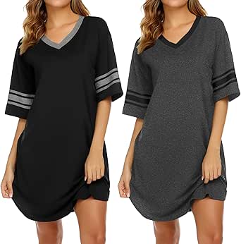 Ekouaer Nightgowns for Women 2 Pack Sleepshirts Short Sleeve Nightshirt V Neck Sleepwear Casual Pajama Dress