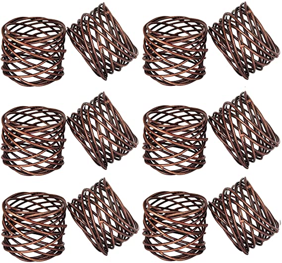 ITOS365 Handmade Copper Antique Round Mesh Napkin Rings Holder for Dinning Table Parties Everyday, Set of 12
