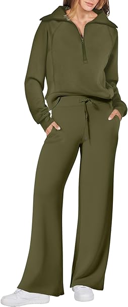ANRABESS Women 2 Piece Outfits Sweatsuit Set 2023 Fall Oversized Half Zip Sweatshirt Wide Leg Sweatpant Lounge Set Tracksuit