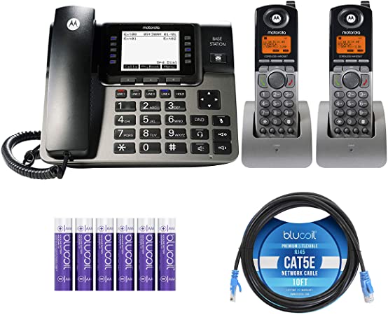 Motorola ML1002H (ML1000 x1, ML1200 x2) DECT 6.0 Expandable 4-Line Business Phone System with Digital Receptionist and Answering System Bundle with Blucoil 10-FT Cat5e Cable, and 6 AAA Batteries