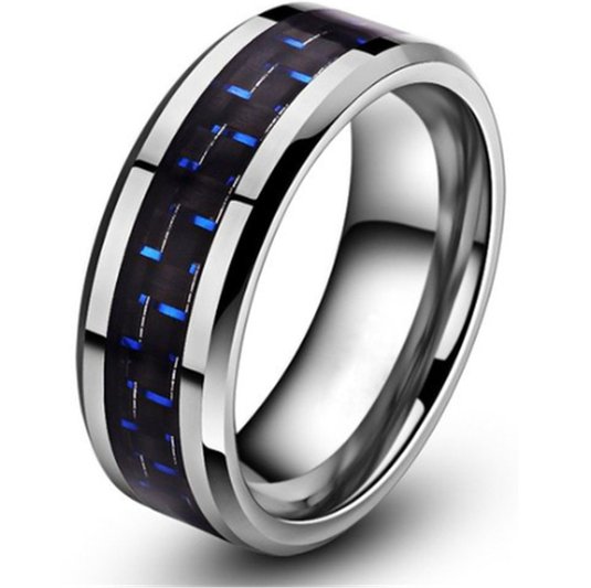 King Will 8mm Men's Wedding Band Blue and Black Carbon Fiber Inlay Polish Tungsten Ring for Men