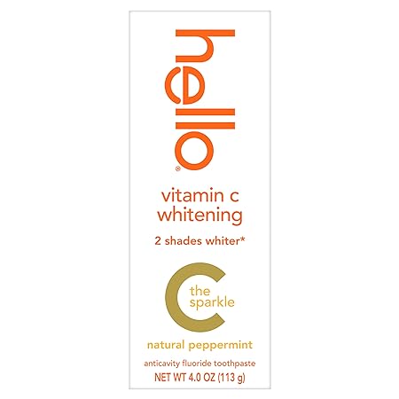 Hello Vitamin C Whitening Toothpaste with Fluoride, Teeth Whitening Toothpaste for Adults, Helps Freshen Breath and Removes Surface Stains, SLS Free, Natural Peppermint Flavor, 4.0 oz Tube