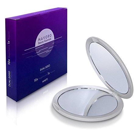 MAKEUP MAGNIFYING COMPACT MIRROR for Purses and Travel, 2 sides, 10X Magnification and 1X Real View, 4 inch Diameter, Slim Design by Mavoro Beauty Essentials (White)