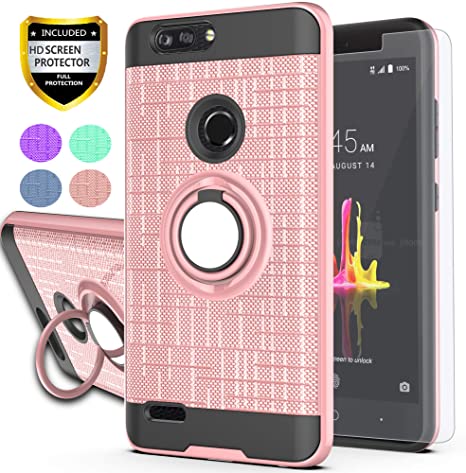 ZTE Blade Z Max/Blade Zmax Pro 2/ Sequoia Case with HD Screen Protector,Ymhxcy 360 Degree Rotating Ring & Bracket Rubber Dual Layer Shock Bumper Resistant Back Cover for Z982-ZH Rose Gold
