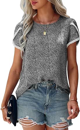 Angashion Women's Tops Casual Floral Print Lace Crochet Short Sleeve Crewneck Summer Loose Blouse Shirt Tunic Top
