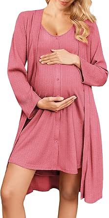 Ekouaer Maternity Nursing Gown and Robe Set 2 Piece Waffle Breastfeeding Nightgown 3 in 1 Labor and Delivery Hospital Gown