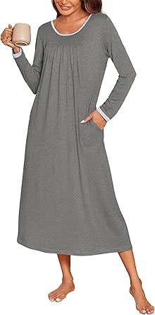 Ekouaer Long Nightgowns for Women Long Sleeve Sleepshirts Loungewear Casual Sleepwear Loose Sleep Dress with Pockets