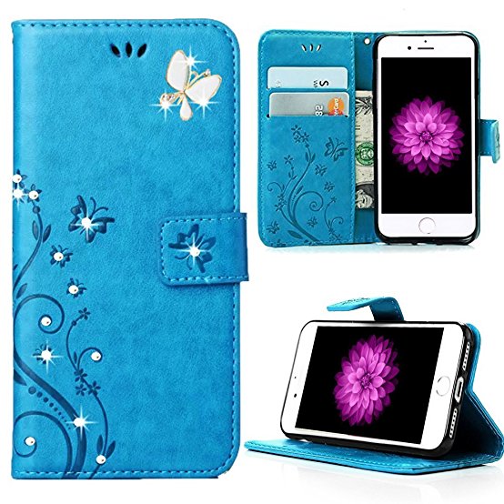 Miniko(TM) iPhone 7 Plus 3D Fashion Handmade Bling Crystal Rhinestone Floral Pattern Flower Wallet Case Girly Design PU Leather Case with [Card Holder] Folio Pocket Case for iPhone 7 Plus Blue