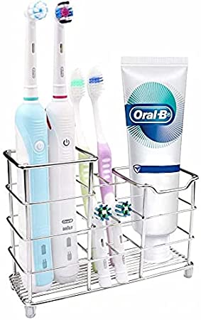 Smyidel Toothbrush Stand Multifunctional Toothbrush Holder Toothpaste Holder Stainless Steel for Bathroom Sturdy Hygienic and Kitchen, Rustproof Silver