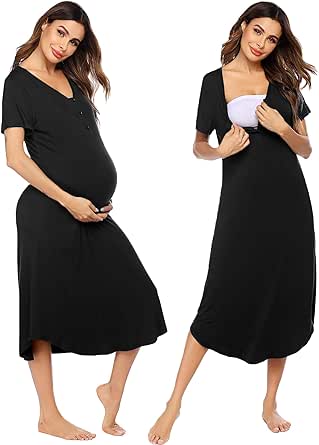 Ekouaer Womens Maternity Nightgown for Hospital Pregnancy Long Nightgowns Nursing Night Gown for Breastfeeding