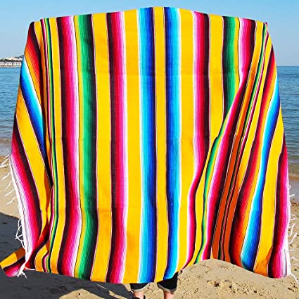 Eccbox 84 x 59 Inch Mexican Tablecloth for Mexican Wedding Party Decorations, Large Square Fringe Cotton Mexican Serape Blanket Bright Colors Table Cover Table Cloth Picnic Mat (Yellow)