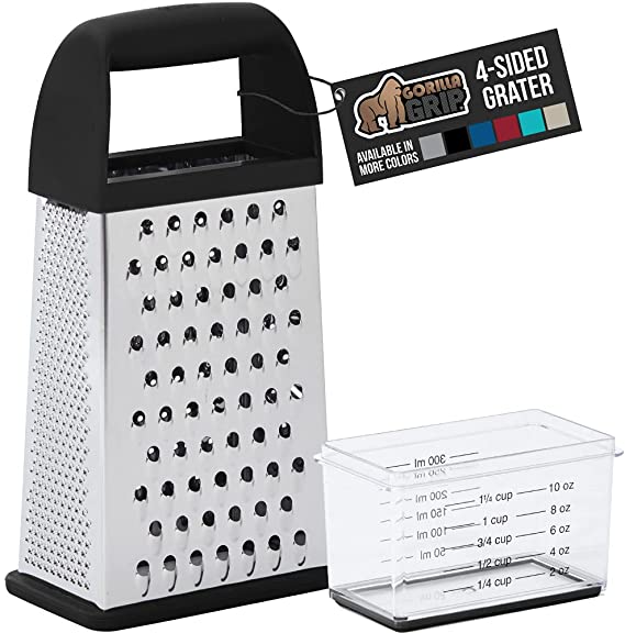 Gorilla Grip Box Grater, Stainless Steel, 4-Sided Graters with Handle for Cheese, Vegetables, Ginger, Handheld Food Shredder, Zester, Detachable Storage Container with Lid for Kitchen, 10inch, Black