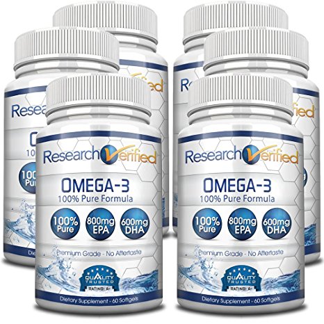 Research Verified Omega 3 - Omega 3 Fish Oil - 100% Pure Premium Omega Fatty Acids - High EPA 800mg + DHA 600MG; no Aftertaste - 1500mg Softgel Capsules, 6 Bottles (6 Months Supply)