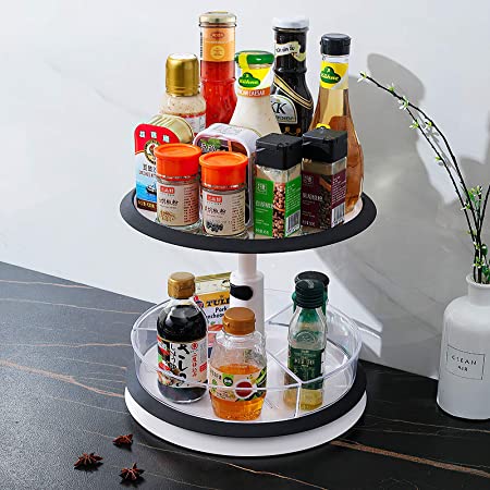 Qisiewell 2-Tier Height Adjustable Lazy Susan Turntable Rotating Spice Organizer in Kitchen Bathroom Cabinet 11” Black/White Optional Multicolor Bins (Transparent, 2-Tier / 3 Bins)