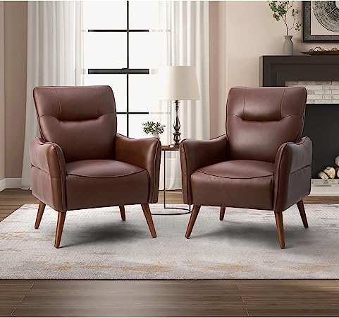 HULALA HOME Modern Faux Leather Armchairs Set of 2 with Tapered Wooden Legs, Comfy Upholstered Accent Chairs for Living Room Bedroom Office, Brown