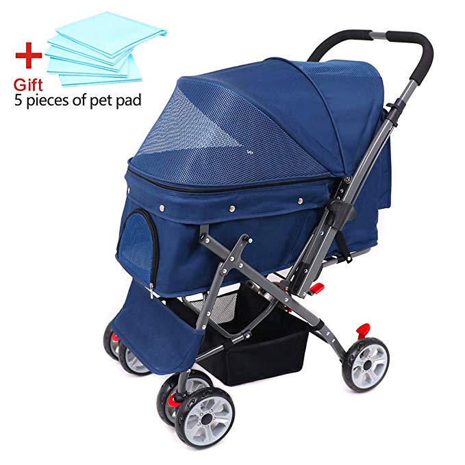 Wooce Pet Four-wheeled Reversible Trolley Cats Dogs Carts Shockproof Durable Stroller Adjustable Direction,One-click Folding,Quick Installation,Suitable For Travel(Blue)
