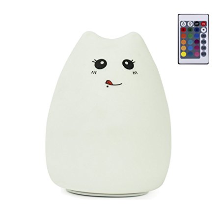 GoLine Remote Control LED Kitty Night Light, Cute Multicolor Children Baby Nursery Lamp, Tap Control, 5 Light Modes, Static/Breathing/Flashing, Brightness Adjustment, 12-hour Portable Use.(NL010)