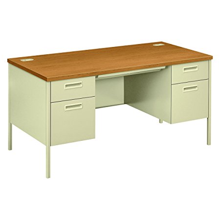 HON Metro Classic Double Pedestal Desk with 2 Box/2 File Drawers and Putty Finish, 60", Harvest