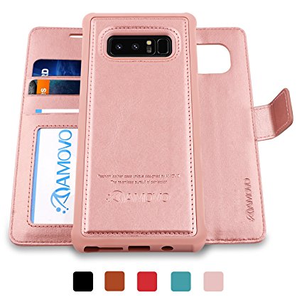 AMOVO Galaxy Note 8 Case [2 in 1], Samsung Galaxy Note 8 Wallet Case [Detachable Wallet Folio] [Premium Vegan Leather] Samsung Note 8 Flip Cover with Gift Box Package (Rose Gold)