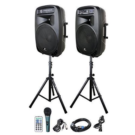 PRORECK PARTY 15 Portable 15-Inch 2000 Watt 2-Way Powered PA Speaker System Combo Set with Bluetooth/USB/SD Card Reader/ FM Radio/Remote Control/LED Light
