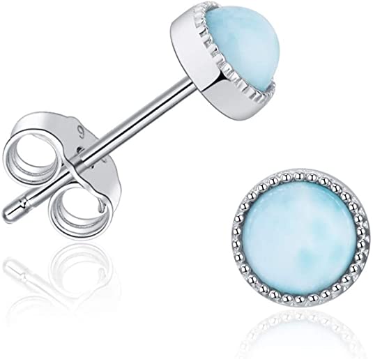 Larimar Stud Earrings 14k White Gold Plated Silver Women Jewelry Fashion Handmade Natural Gemstone Classic Earrings for Women and Girl
