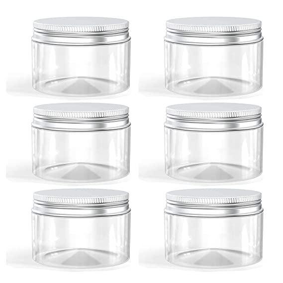 HNXAZG 4 Ounce Plastic Jars with Aluminum Lid Leak Proof Clear Containers Jars for Store Liquid, Cosmetic, Cream, 6 Pcs