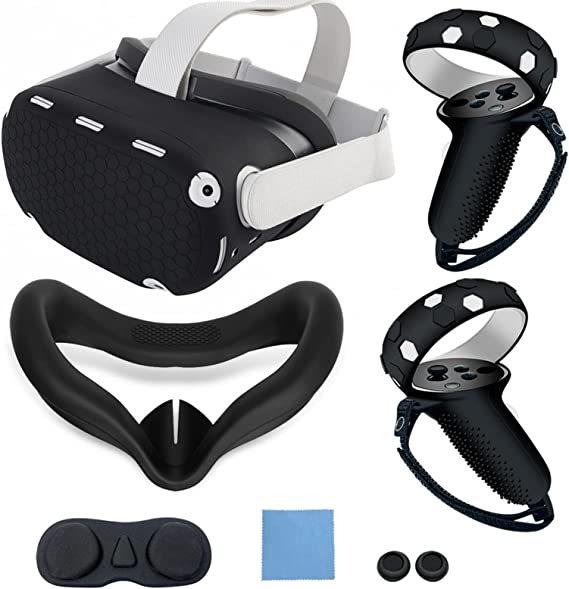 Joyeee VR Silicone Cover Accessories, 7-in-1 Silicone Shell Cover Protective for Oculus Quest 2, with Touch Handle Cover, VR Headset Shell, Disposable VR Eye Cover Mask, Lens Protective Cover, Black