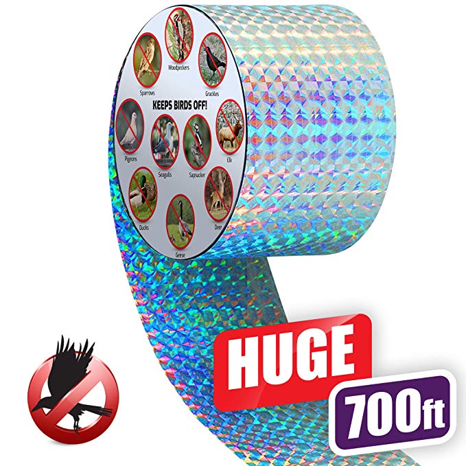 Premium Quality Bird Deterrent Reflective Scare Tape 700 ft Long – Pest Control Dual-sided Repellent Tape For Pigeons, Grackles, Woodpeckers, Geese, Herons, Blackbirds & More – Sturdy & Ultra Strong