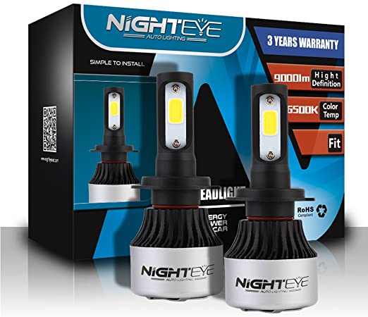 NIGHTEYE Automotive LED Headlight Bulbs - 72w 9000LM/Set 6500K Cool White - 3 Years Manufacture Warranty (H7)