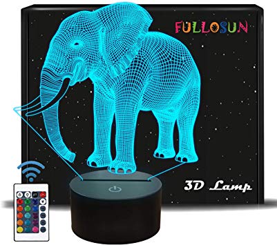 Elephant 3D Night Light, FULLOSUN Animal Illusion Bedside Lamp with Remote Control 16 Colors Changing Bedroom Decor Idea Birthday Halloween Xmas Gift for Kids Boys Girls