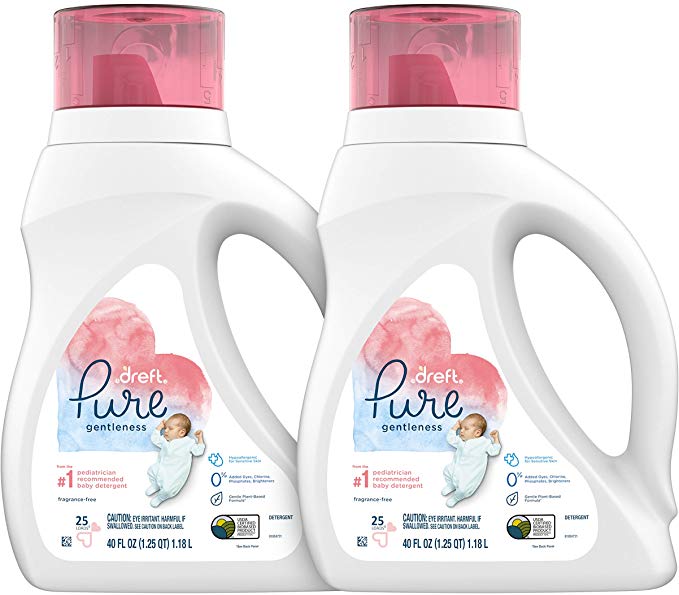 Dreft Pure Gentleness Plant-Based Liquid Baby Detergent, Fragrance Free, Two 40 Fl Oz Bottles, 50 Total Loads