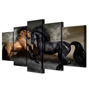 Yatsen Bridge Horses Posters and Prints Modern Landscape Painting Pictures Wall Art for Living Room, Home Decor Gallery-Wrapped Canvas Art 5 Piece Set Framed Ready to Hang (60''W x 32''H)