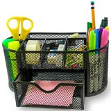 PRTsupply Desk Organizer  Caddy Features Elegant Black Mesh Wire Design 9 Space Saving Writing Supplies Compartments With a Large Drawer - Perfect For Gifts Kids Students and Office Stationary