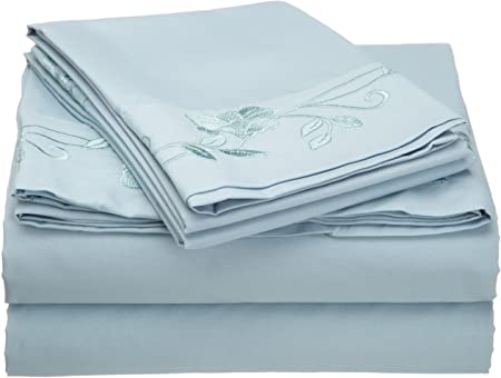 Cathay Home Fashions Luxury Silky Soft Flower Design Embroidered Microfiber Twin Sheet Set, Light Blue