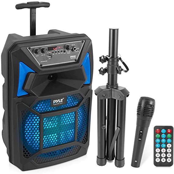 Bluetooth PA Speaker & Microphone System - Portable Karaoke Speaker with Wired Mic, Built-in LED Party Lights, FM Radio, MP3/USB/Micro SD Readers, Speaker Stand (8’’ Subwoofer, 400 Watt MAX)