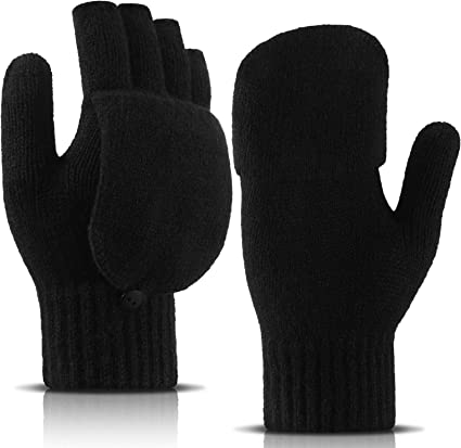 Women Convertible Gloves Fingerless Mittens Knitted Mittens Half Finger Gloves with Flip Cover for Women Men Cold Weather, Black