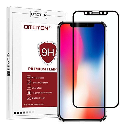 OMOTON iPhone X Screen Protector - Full Coverage Tempered Glass Screen Protector - [3D Round Edge] [9H Hardness] [Crystal Clear] [Scratch Resist] for iPhone X , Black